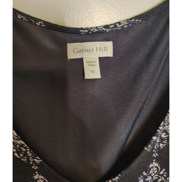 Garnett Hill Size 10 Dress Navy Blue White Decorative Print, Short Sleeve V Neck - Picture 3 of 4